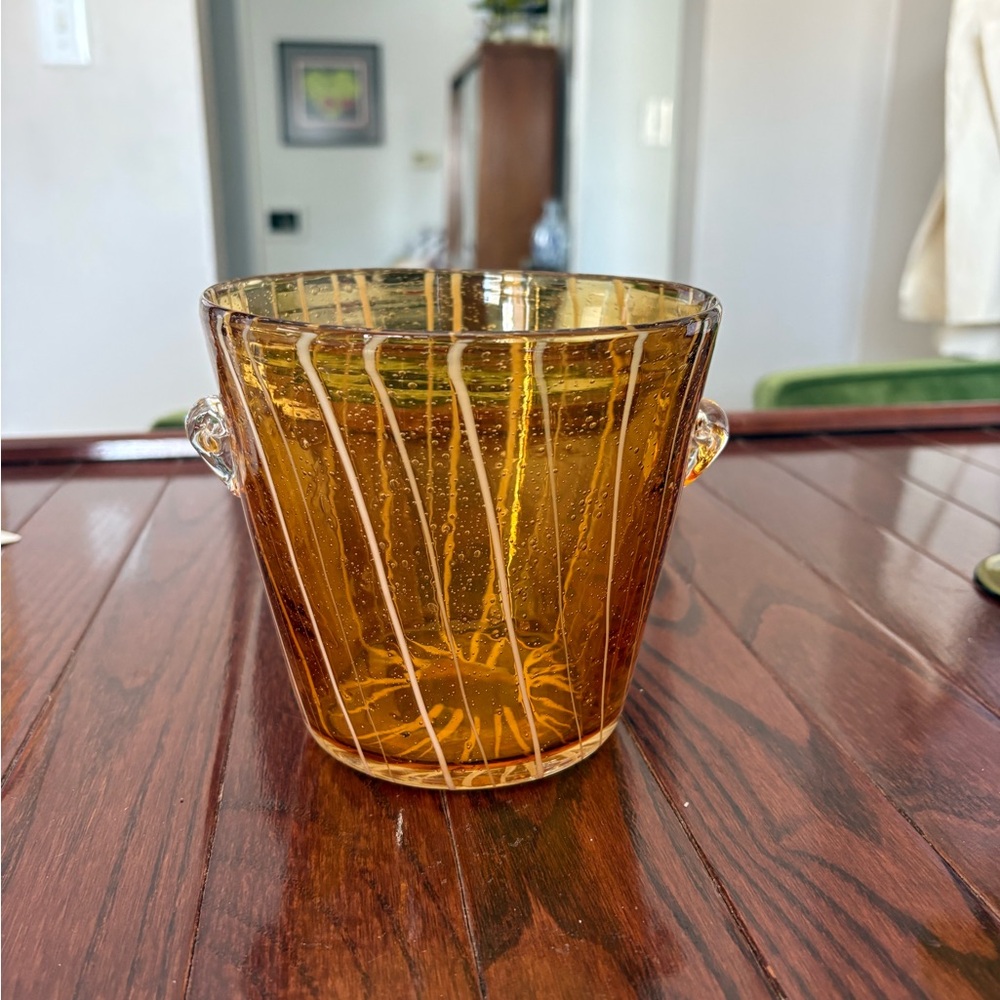 Vintage Venini Murano Glass Ice Bucket - DiSaronno Handblown Amber White Stripes